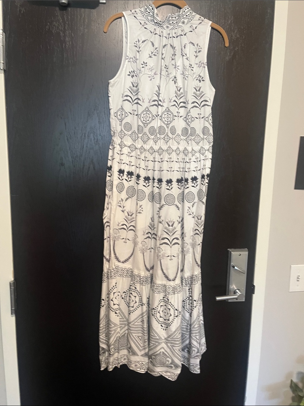 Sleeveless White Midi Dress with Black Patterned Print